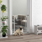 French bulldog sitting in front of white dog barrier