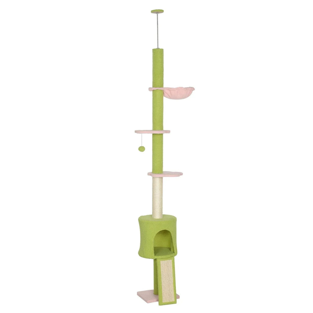 Green and pink fabric floor to ceiling cat tree