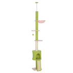 Green and pink fabric floor to ceiling cat tree