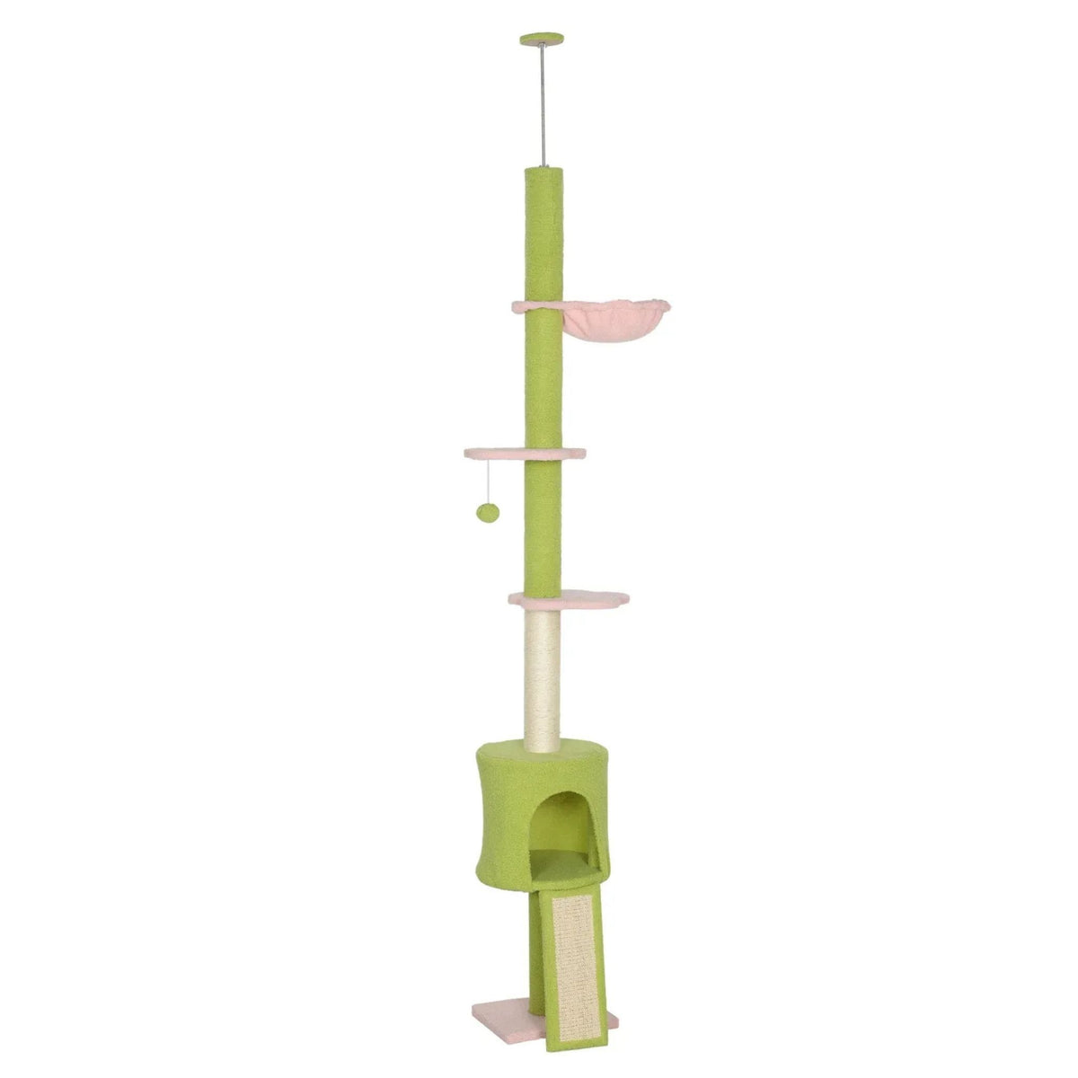 Green and pink fabric floor to ceiling cat tree