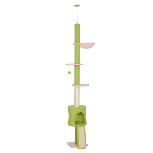 Green and pink fabric floor to ceiling cat tree