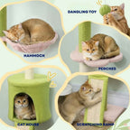 Green and pink floor to ceiling cat tree features