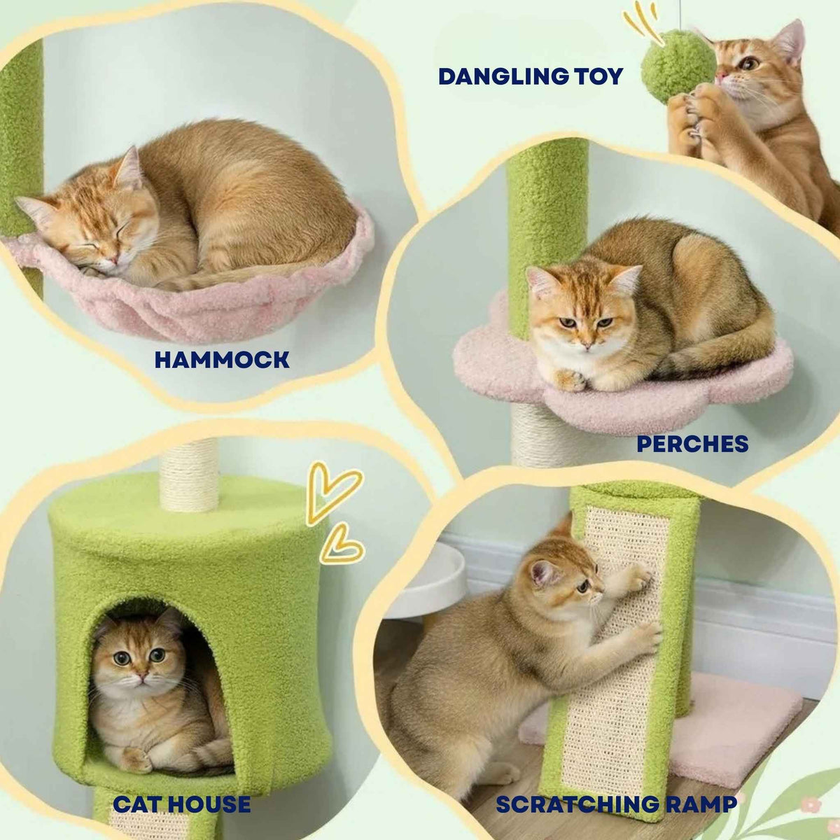 Green and pink floor to ceiling cat tree features