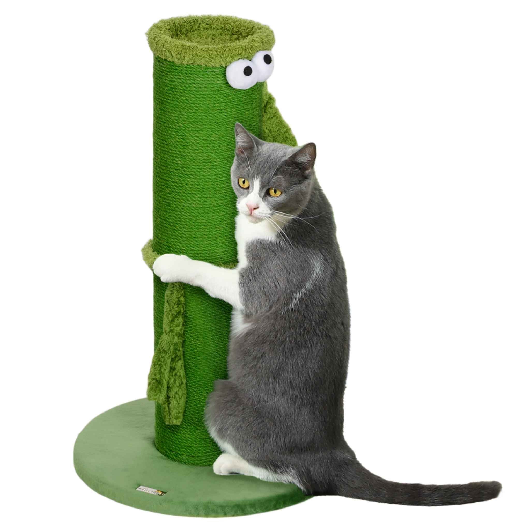 Green cat scratching post with comedy eyes