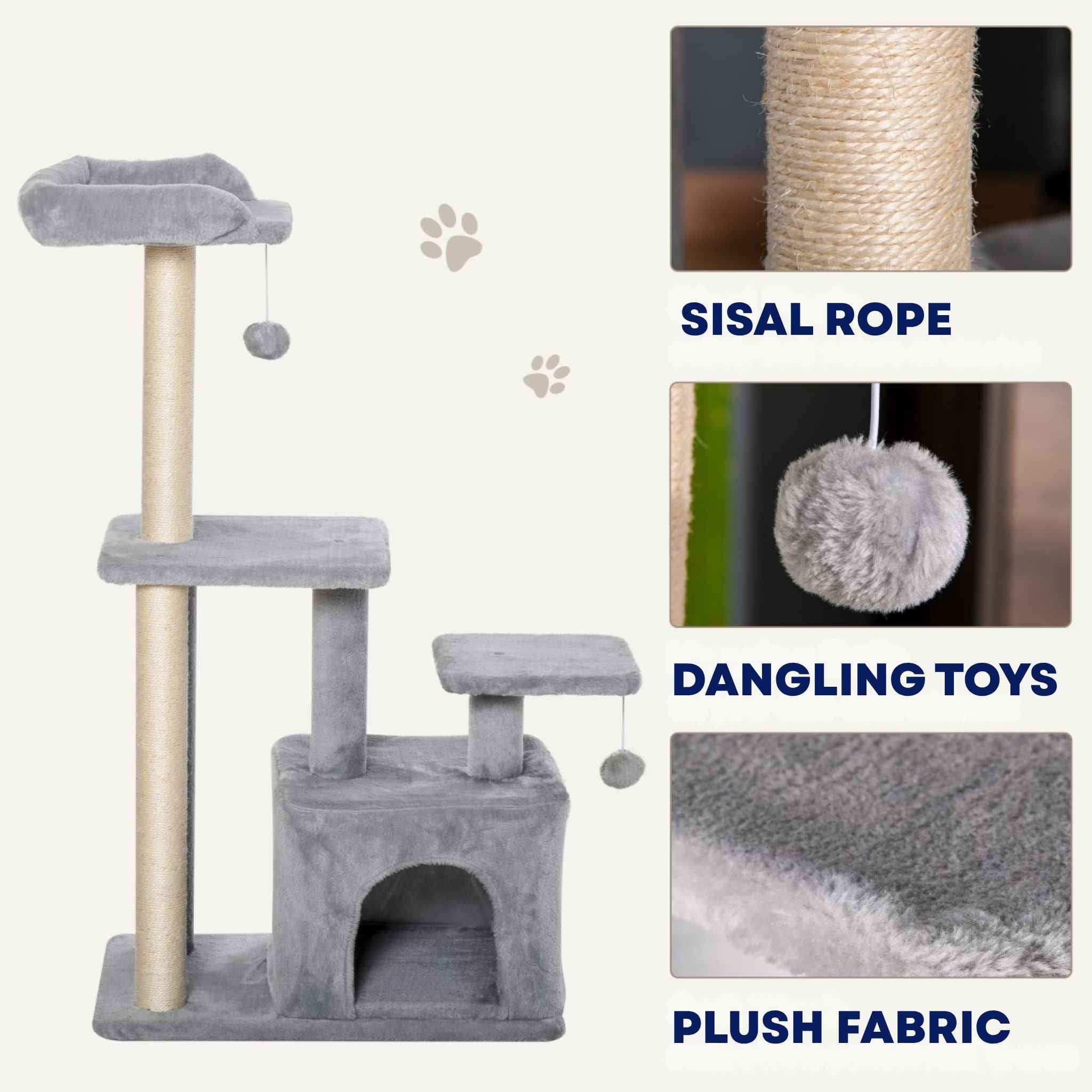 Grey 114cm tall cat tree features