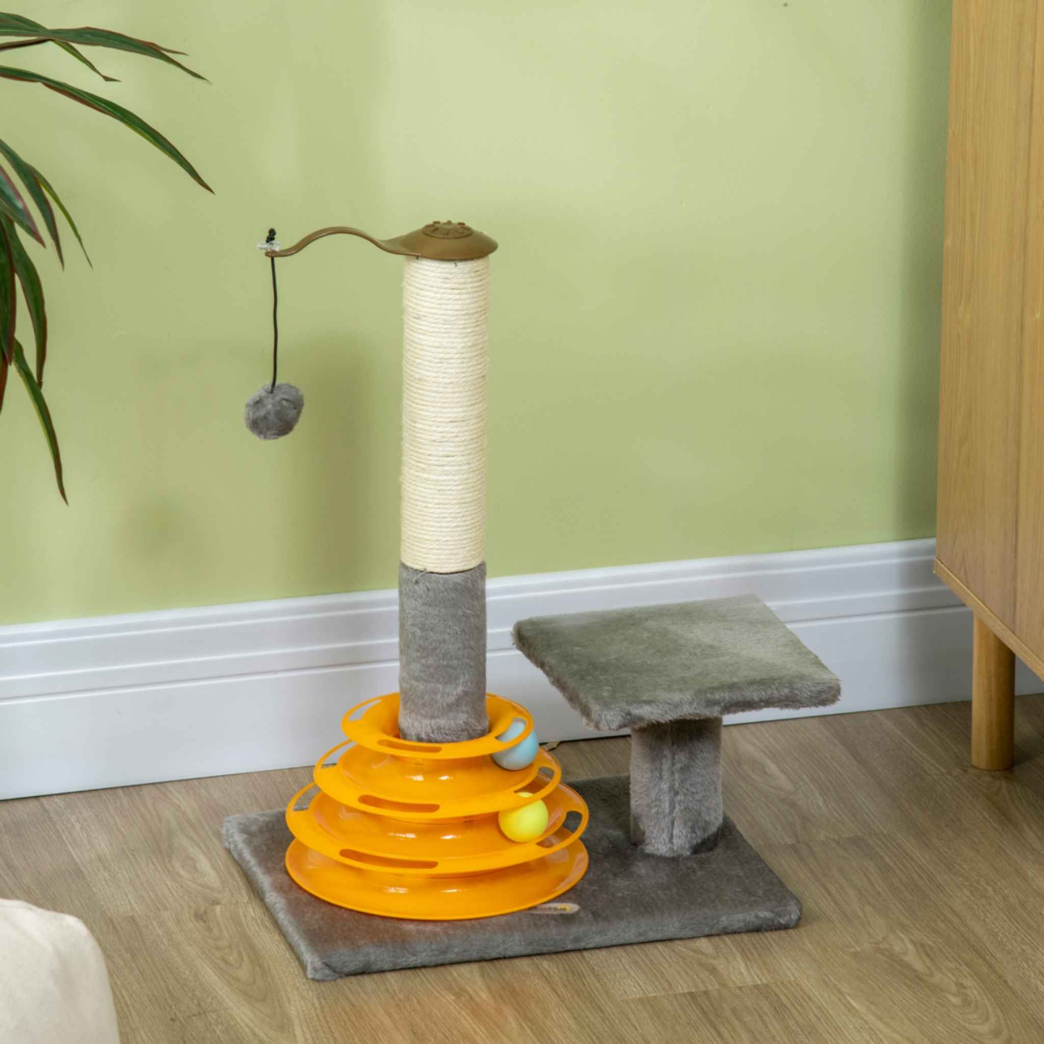 Grey 56cm tall cat scratching post in living room