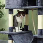 Grey and white cat sitting on dark grey cat tree