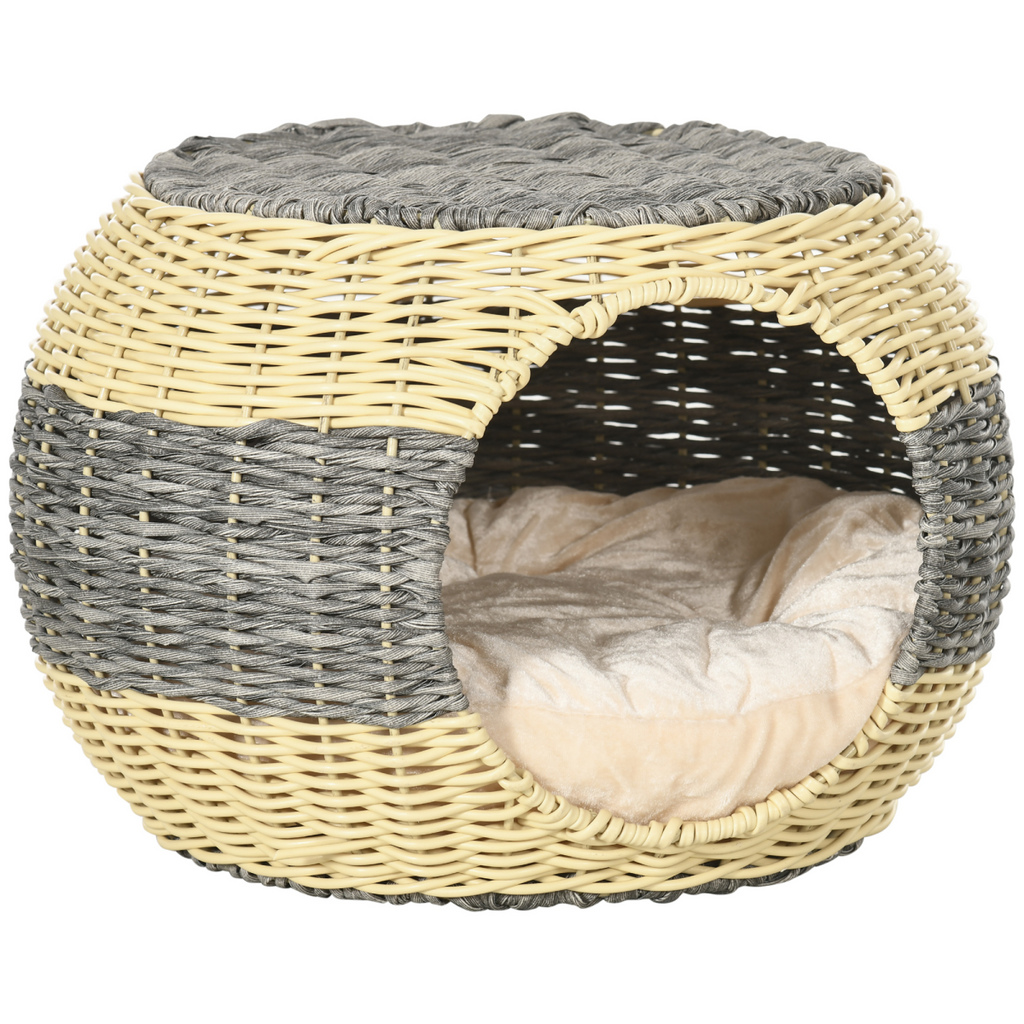 Grey & beige enclosed wicker cat bed