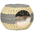 Grey & beige enclosed wicker cat bed