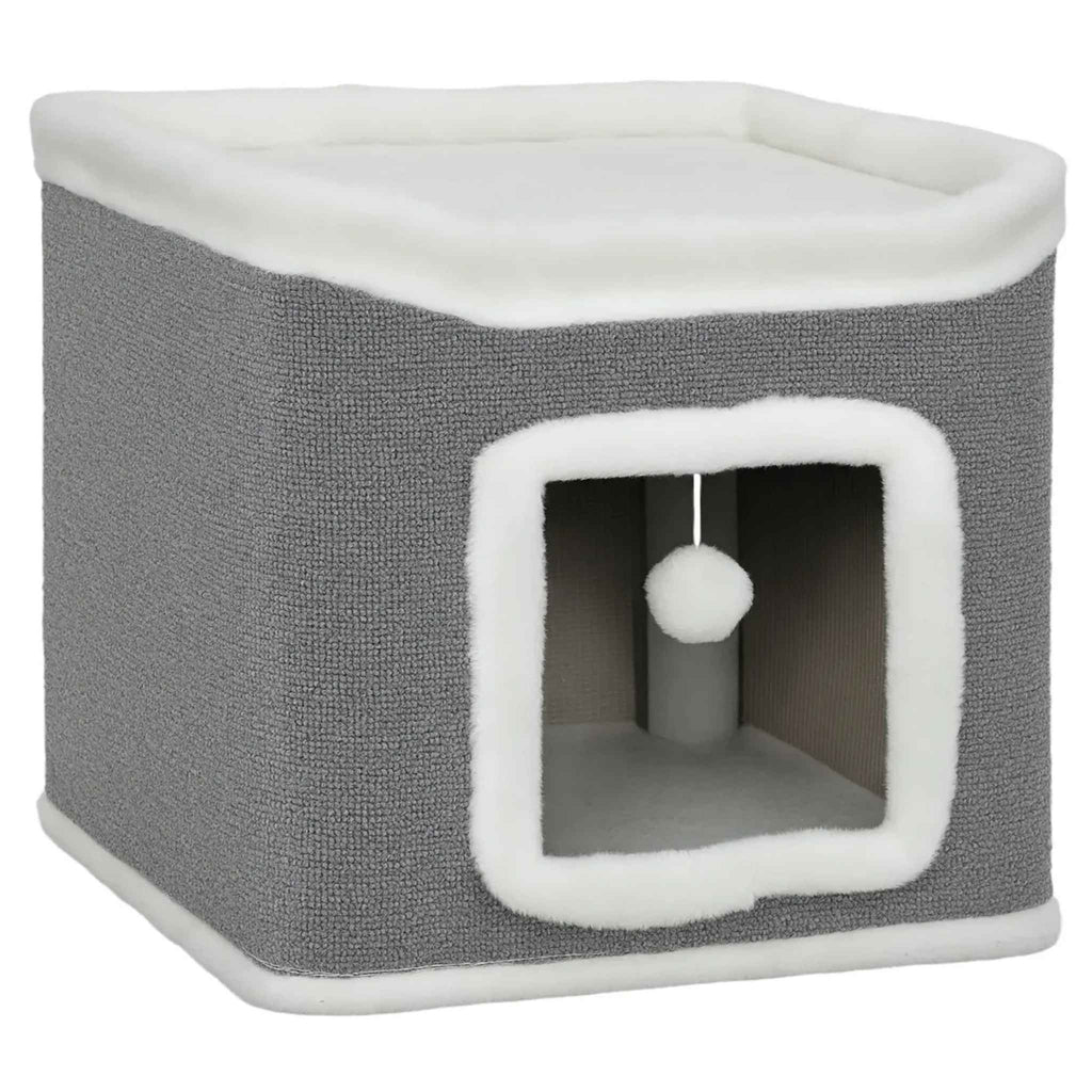Grey cat bed cave with dangling toy