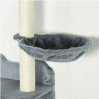 Close-up of a grey plush cat tree perch with a vertical scratching post