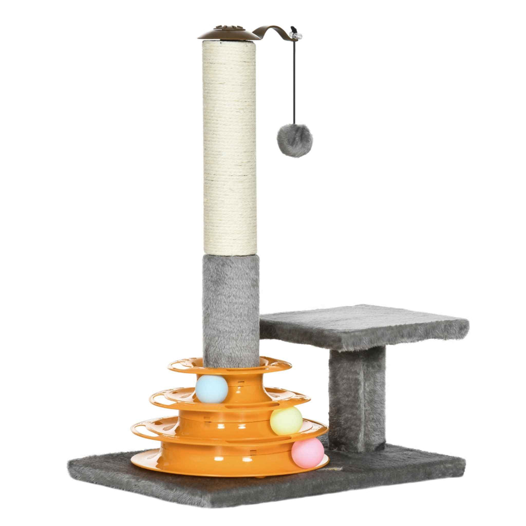 Grey cat scratcher with interactive toy
