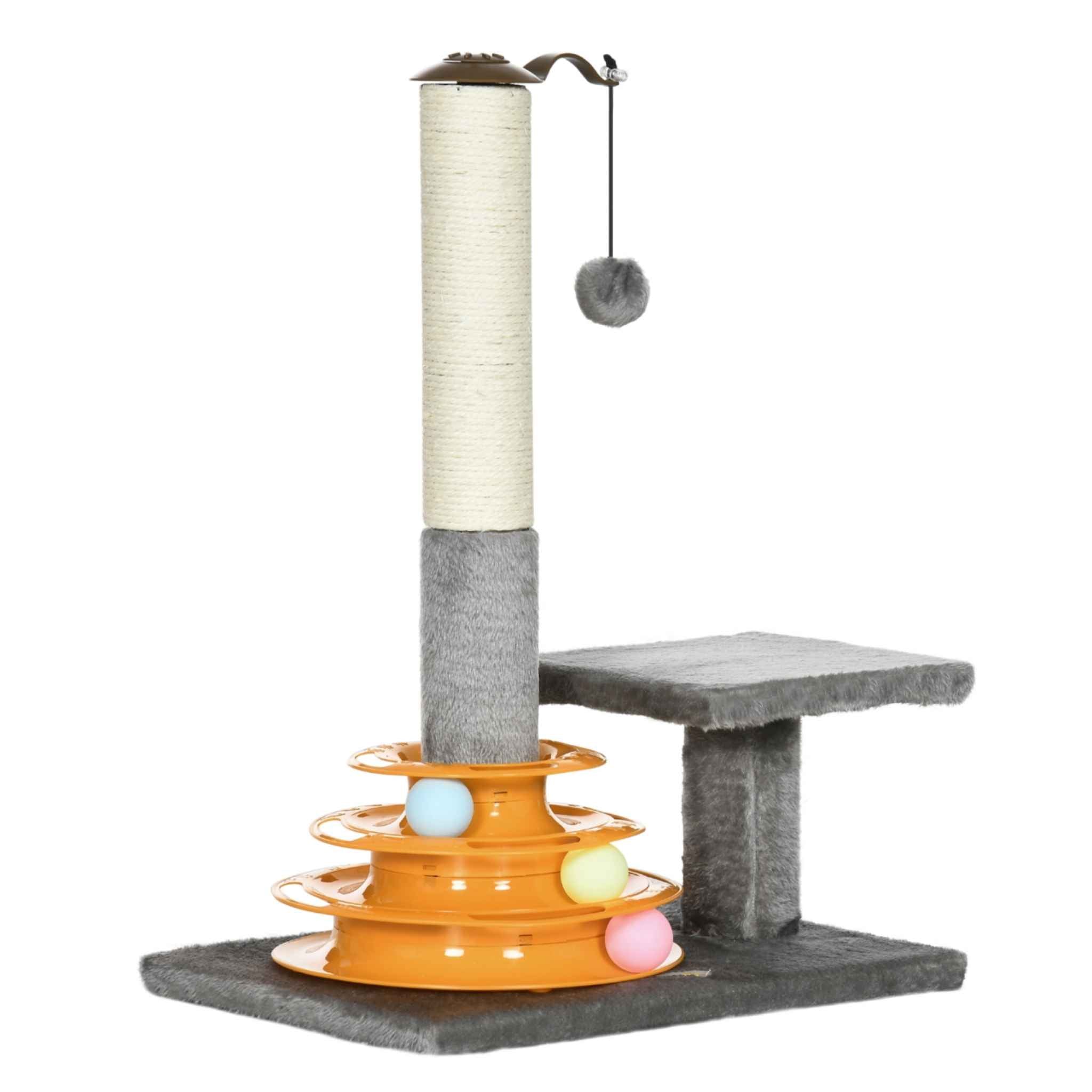 Grey cat scratcher with interactive toy