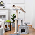 Grey cat tree in living room with cat on the top level