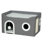 Grey fabric enclosed cat bed with dangling toy