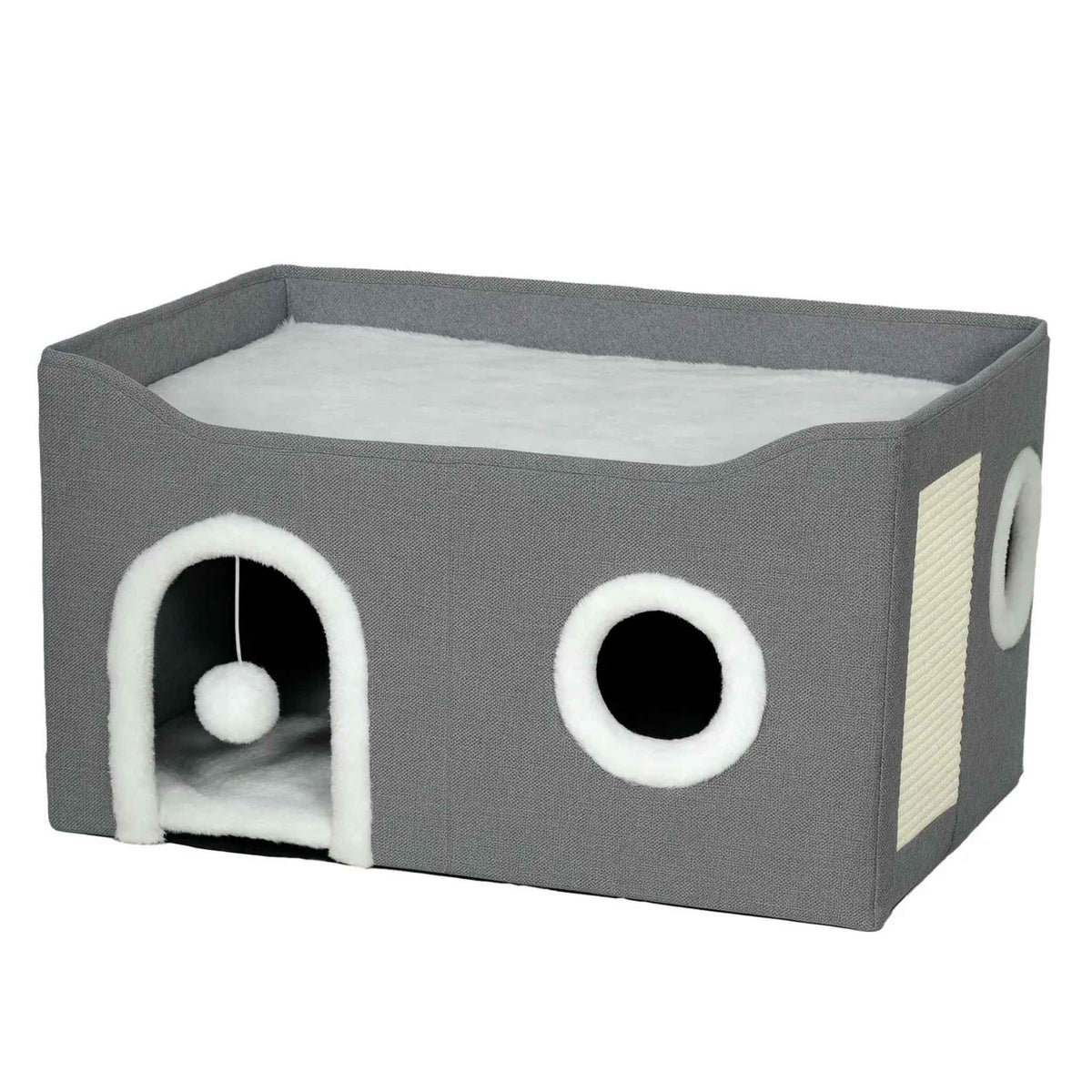 Grey fabric enclosed cat bed with dangling toy