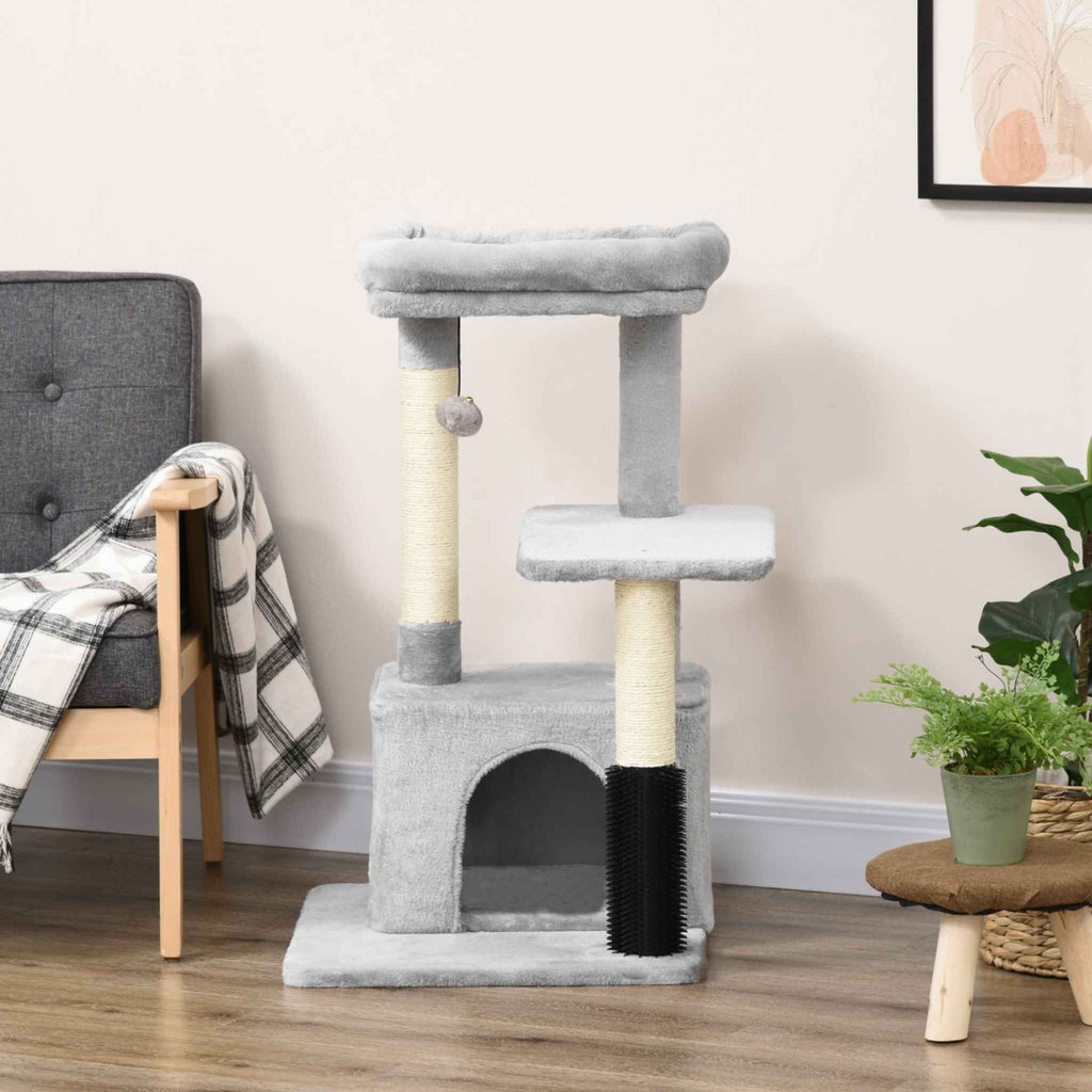 Grey fabric multi level cat tree in living room