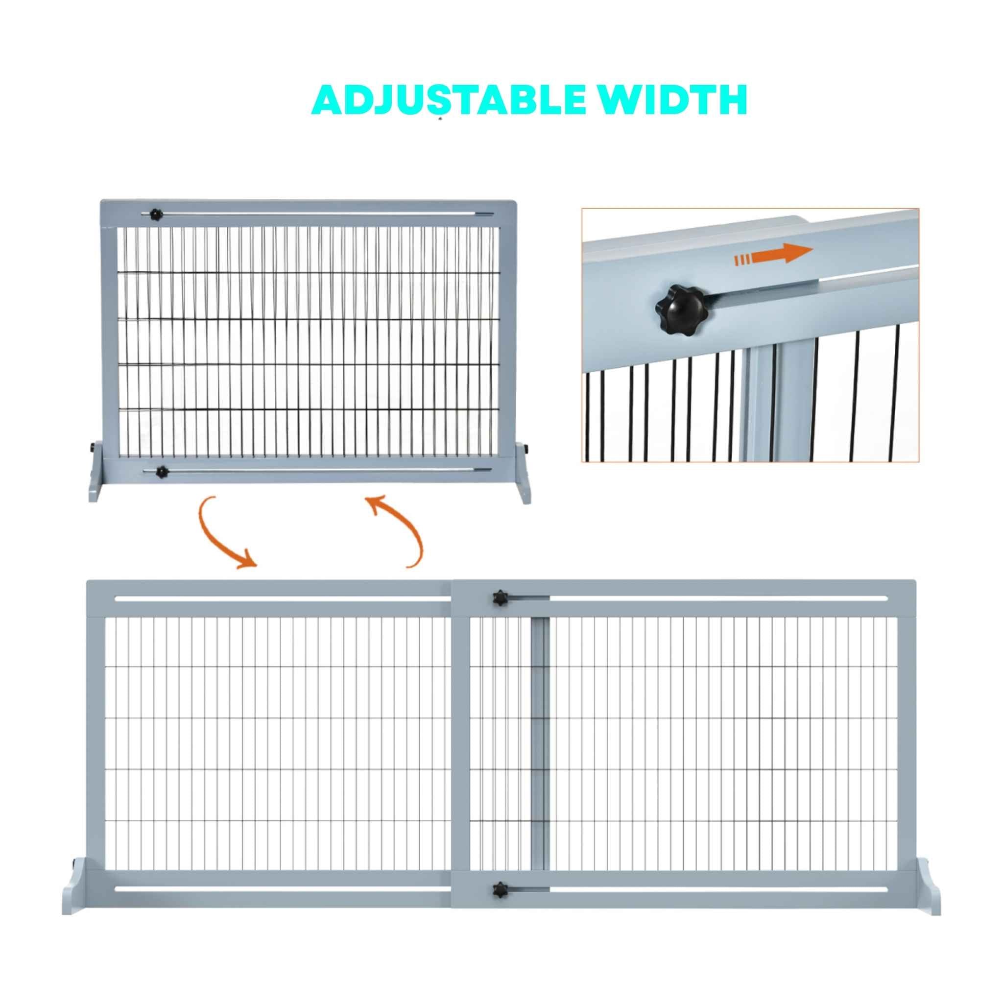 Grey freestanding pet gate width adjustment mechanism