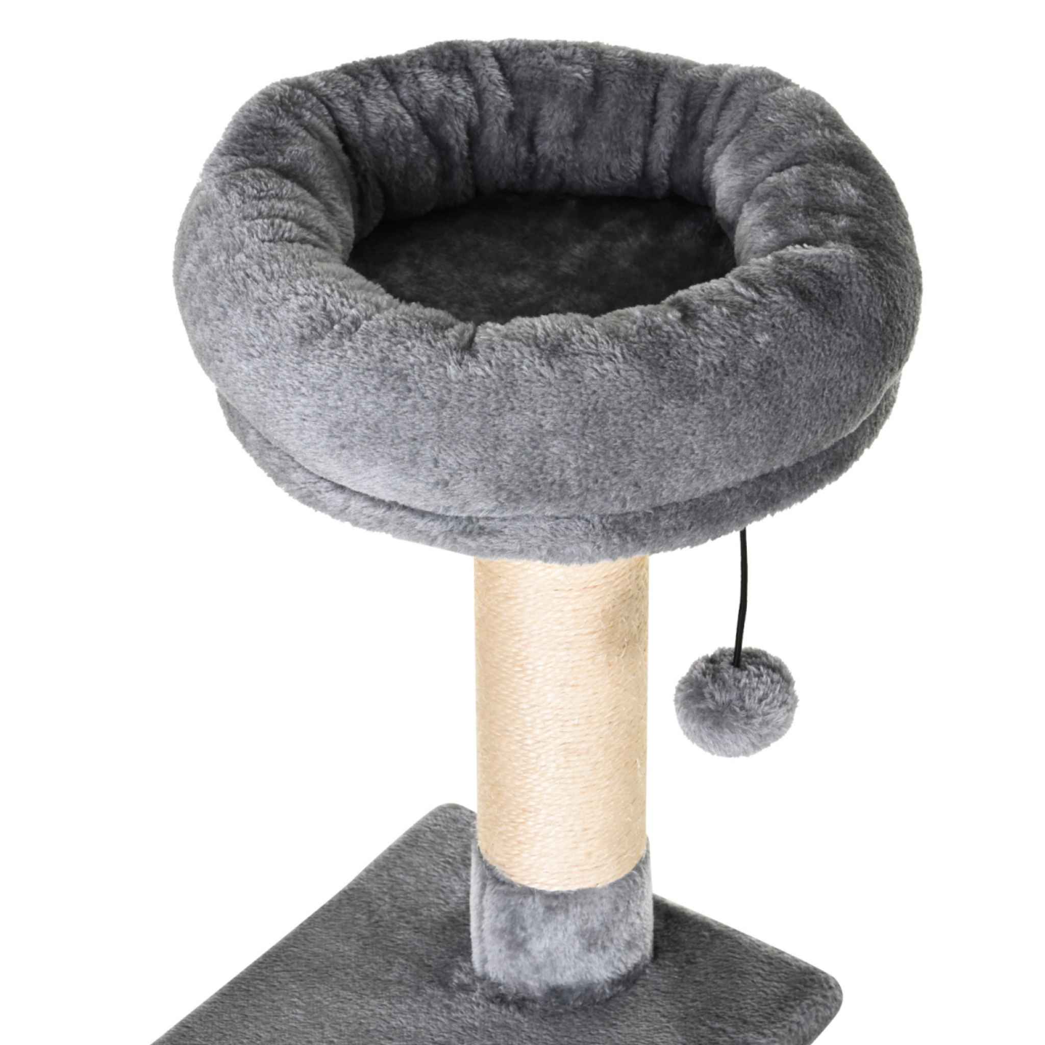 Grey plush fabric cat tree perch