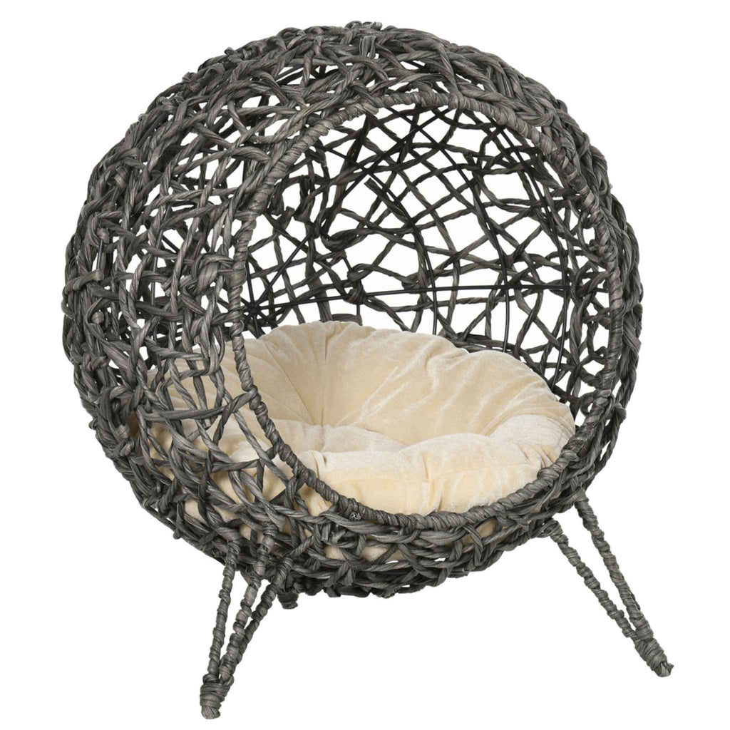 Grey raised wicker cat bed