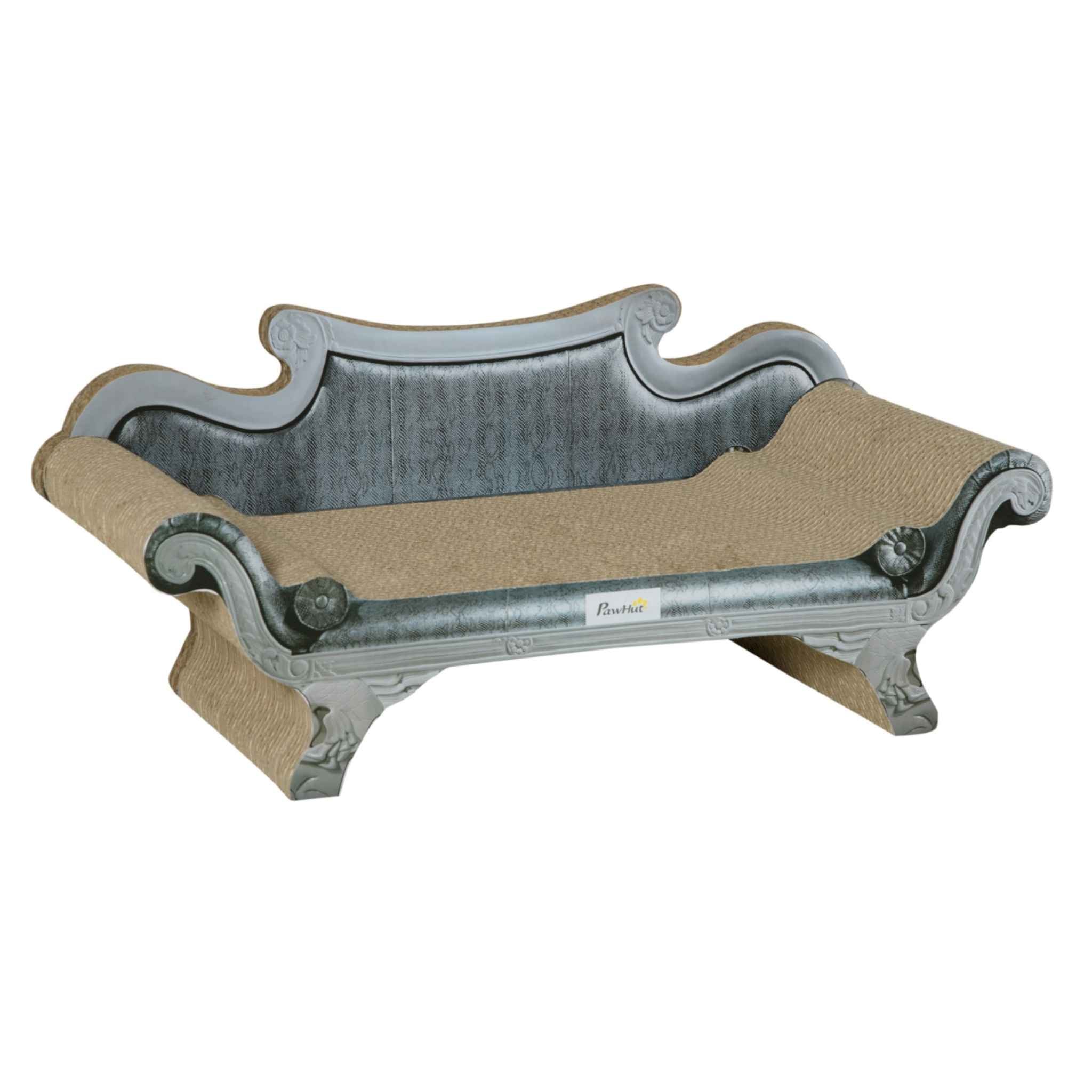 Grey sofa shaped cardboard scratcher with catnip