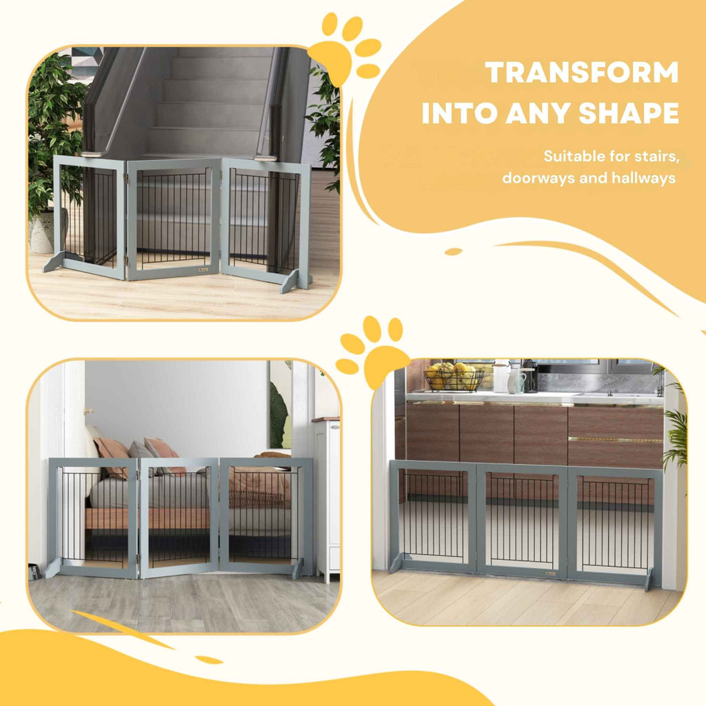 Grey wooden freestanding dog gate in various shapes