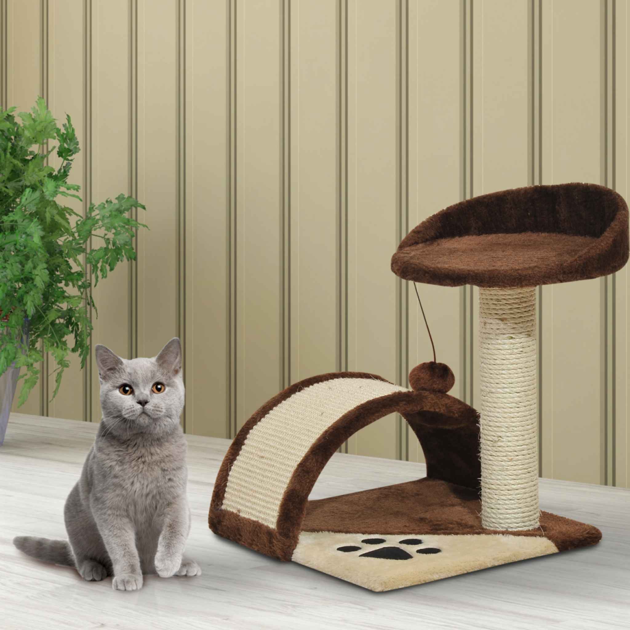 Kitten sitting next to brown kitten tree