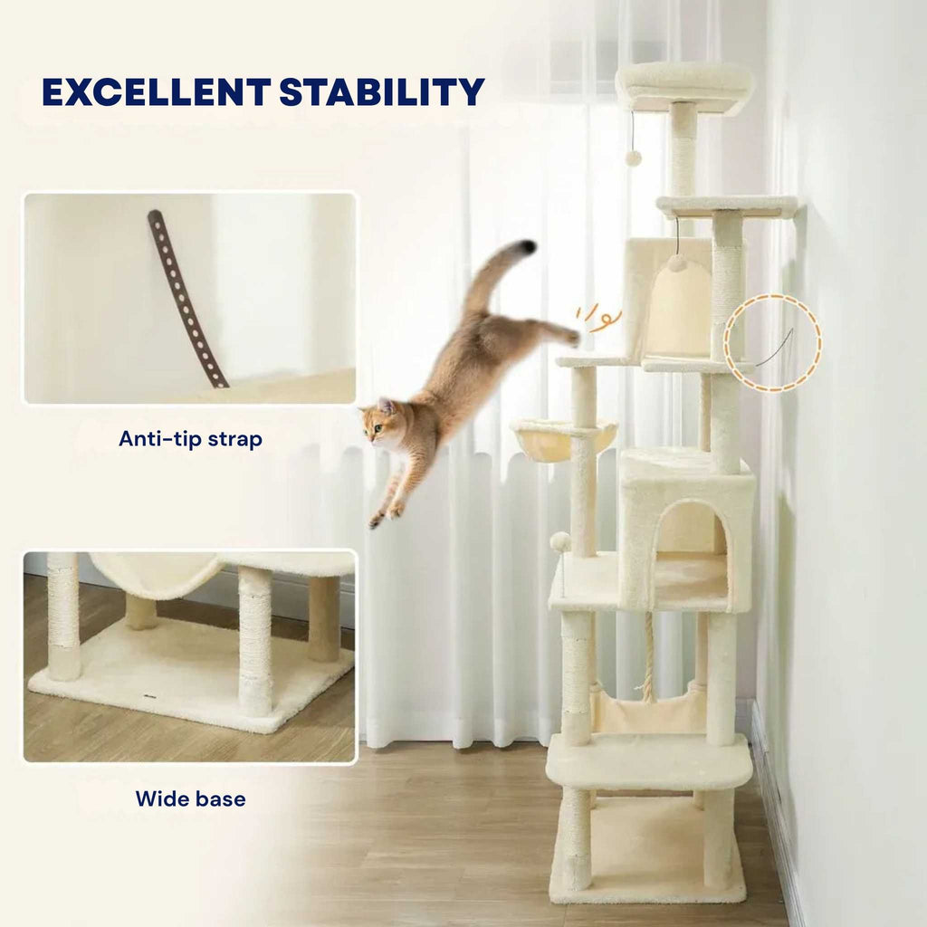 Large beige cat tower anti-tip strap