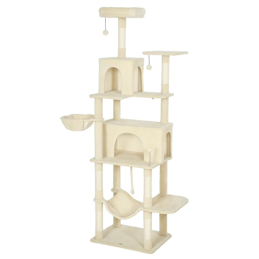Large beige fabric cat tree with sisal rope