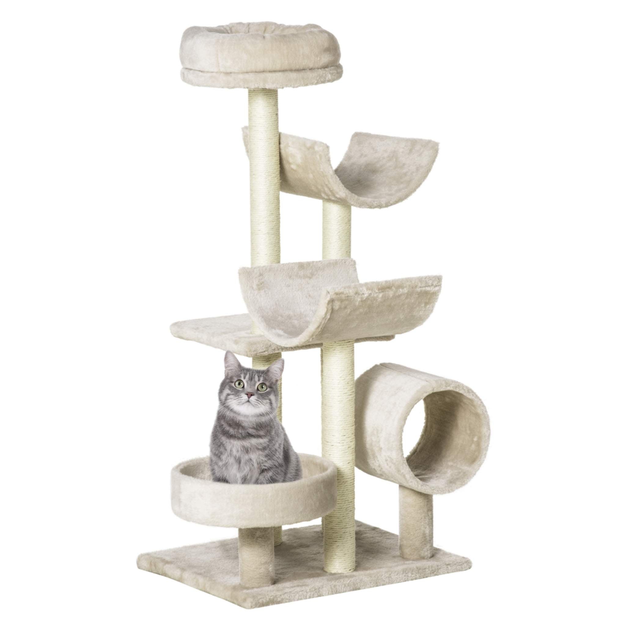 Large cat scratching post 105cm tall cream plush fabric sisal rope