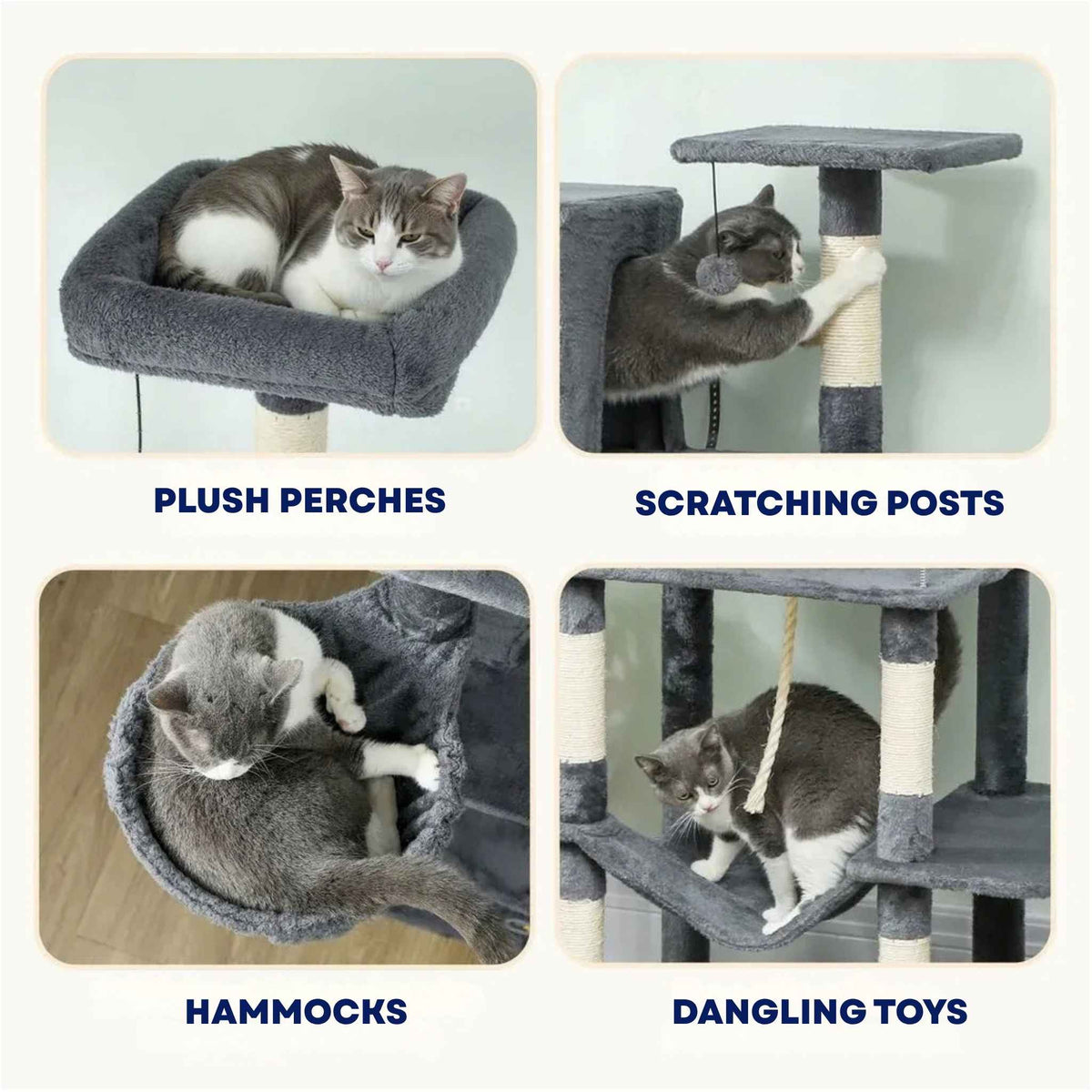 Large dark grey cat tree features