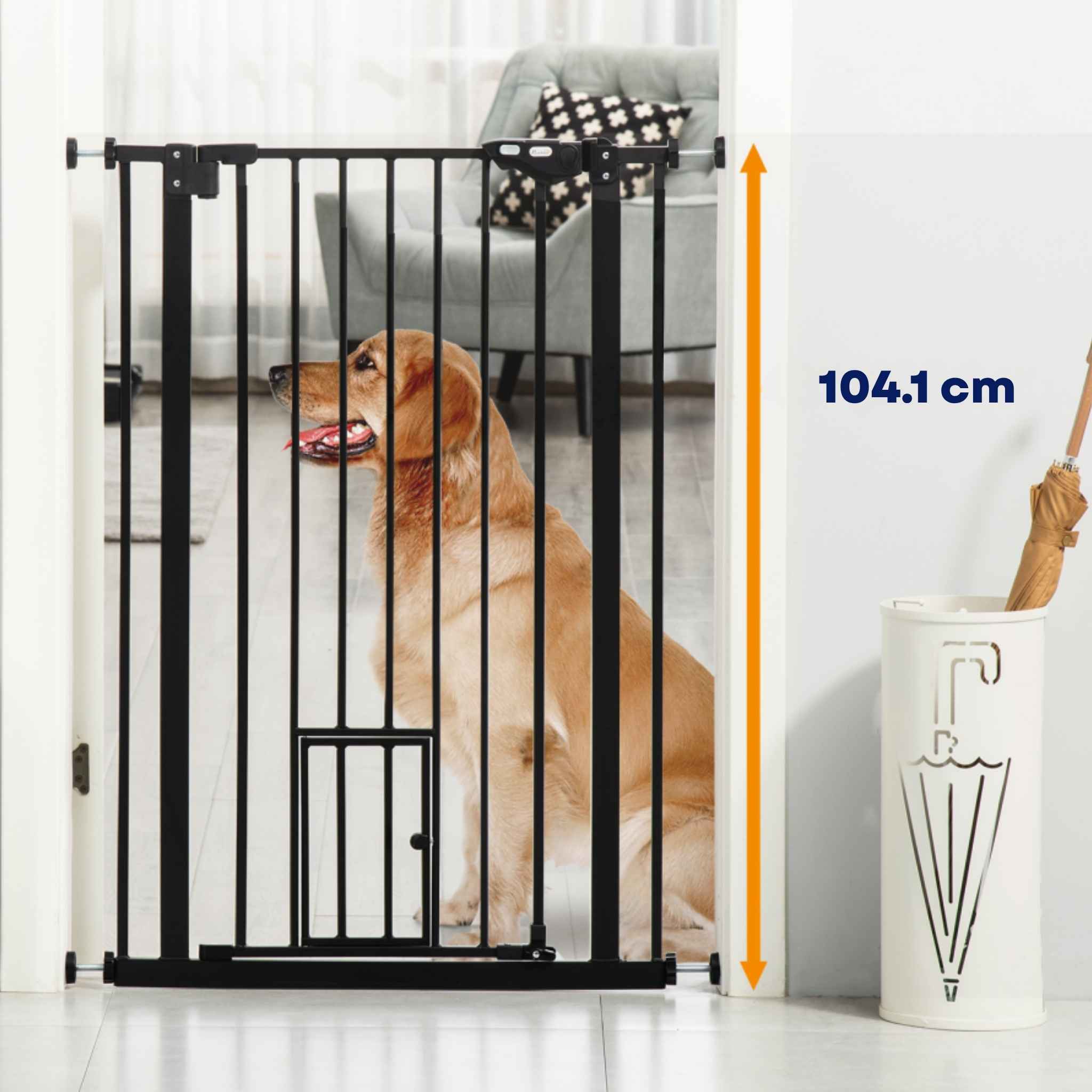 Large dog sitting behind tall black pet barrier