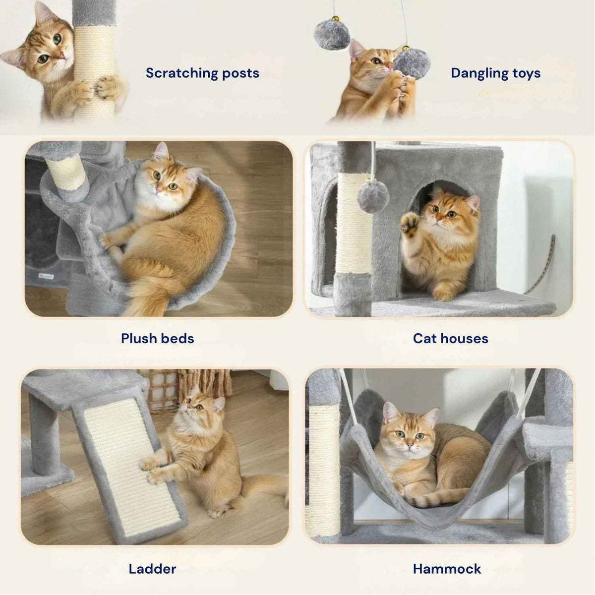 Large grey cat tree features