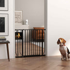 Medium sized dog sitting in front of pet barrier