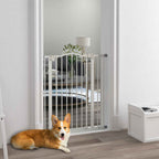Medium sized dog sitting in front of tall metal pet barrier in living room