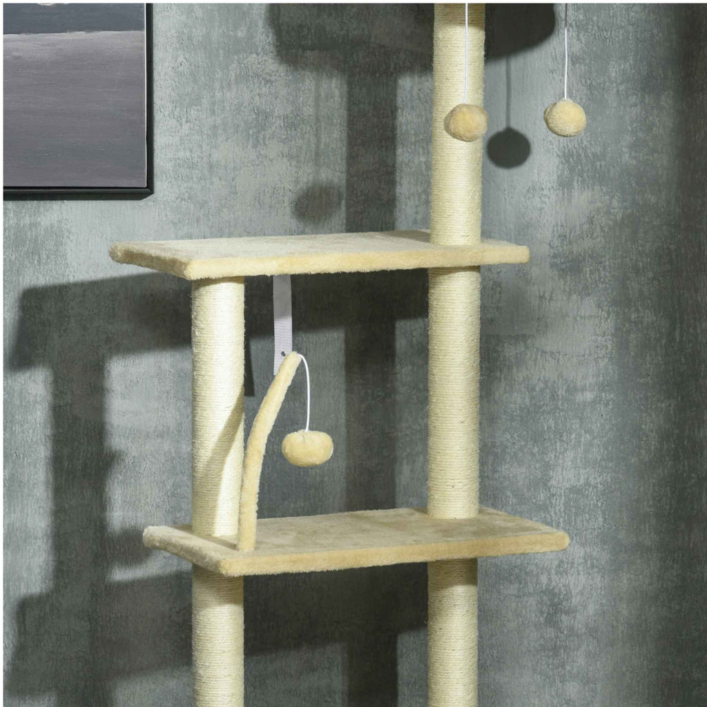 Multi levels and dangling toys on beige cat tree