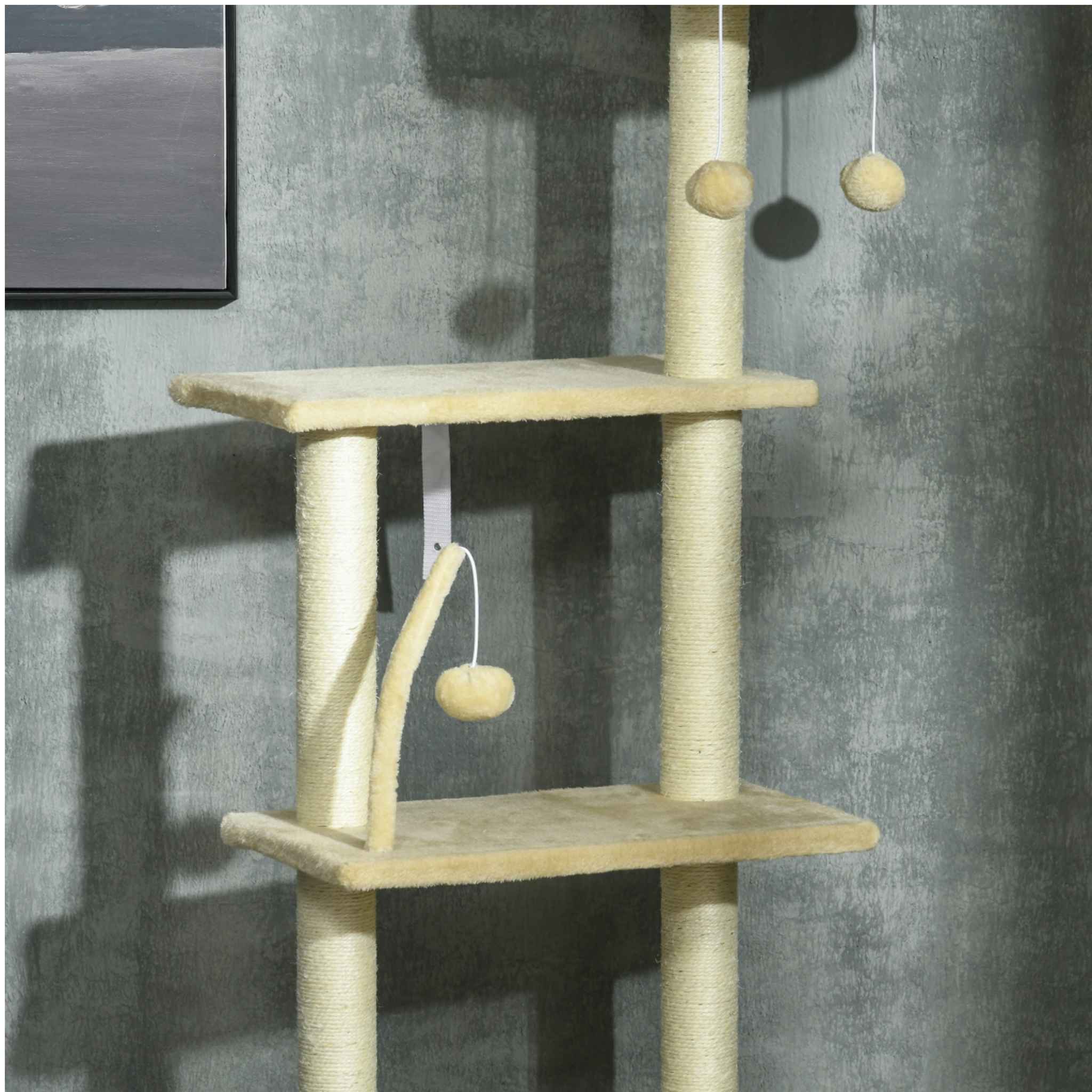 Multi levels and dangling toys on beige cat tree