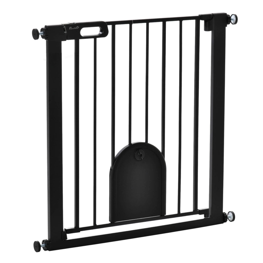 Narrow black dog gate with cat door
