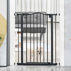 Narrow black pet gate in doorway
