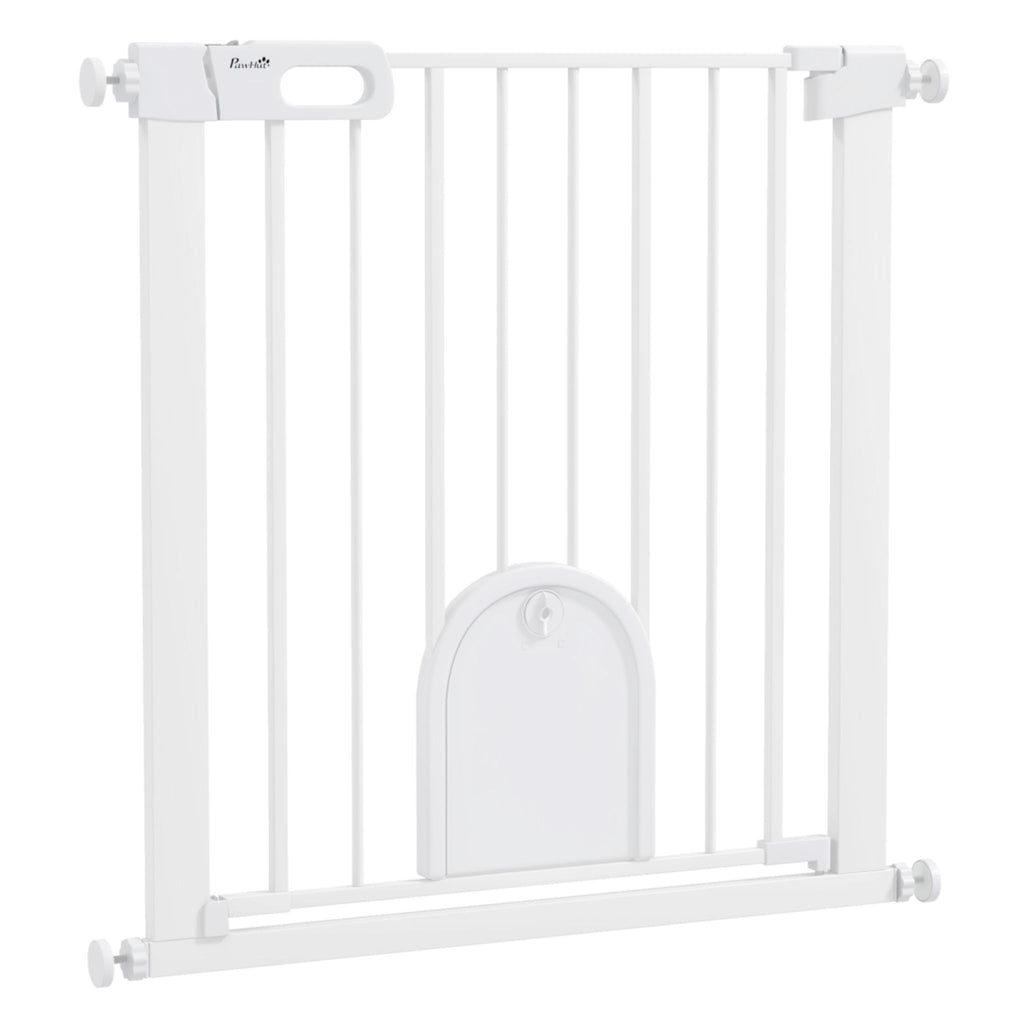 Narrow white metal pet gate with cat door