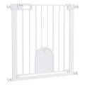Narrow white metal pet gate with cat door
