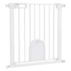 Narrow white metal pet gate with cat door