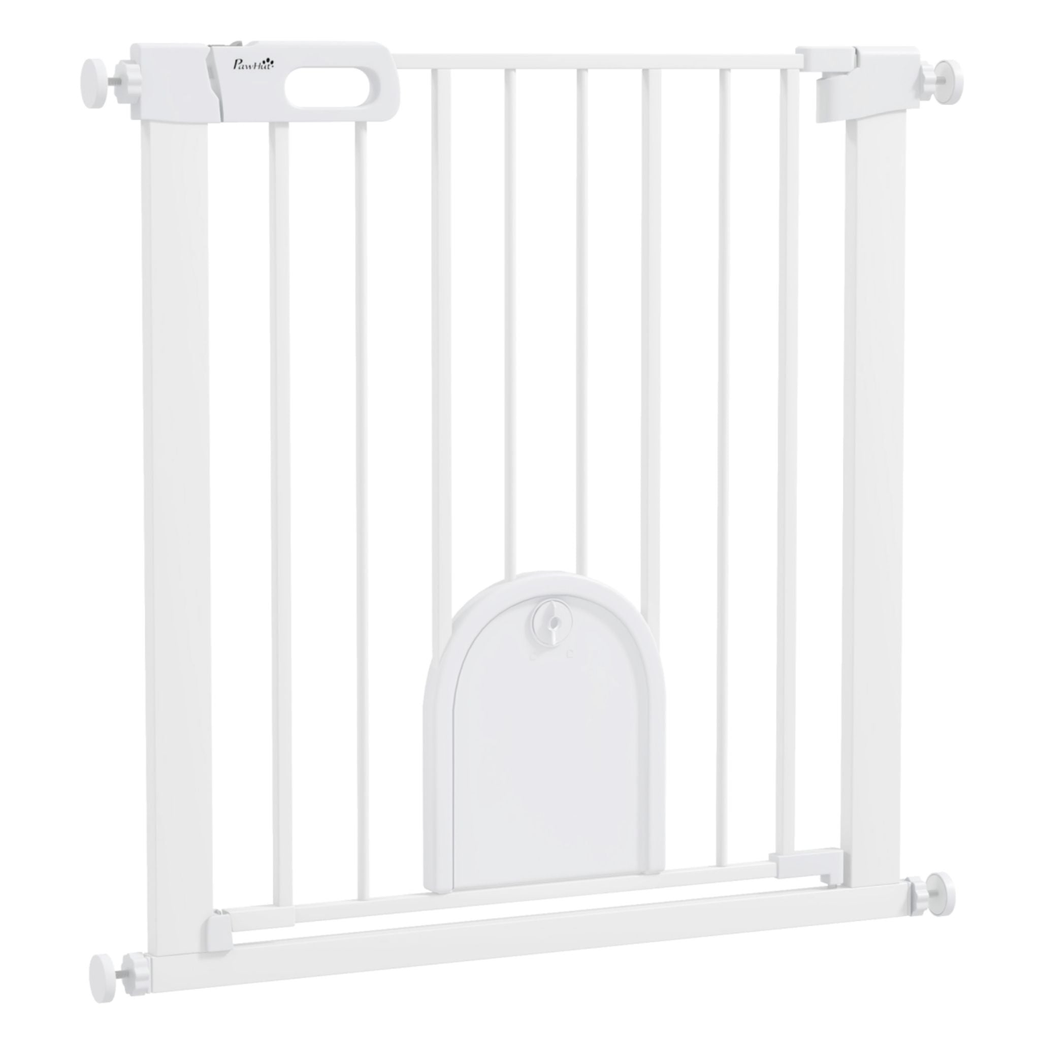 Narrow white metal pet gate with cat door