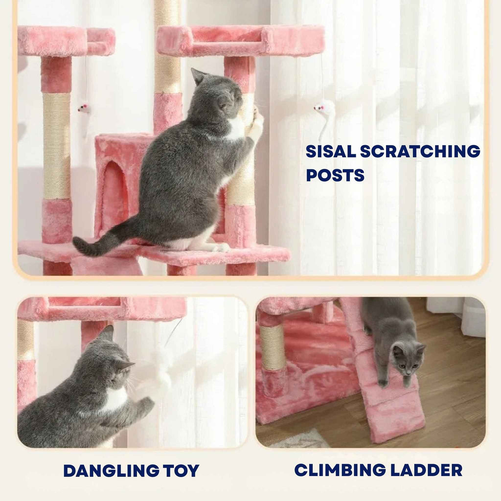 Pink cat tree features