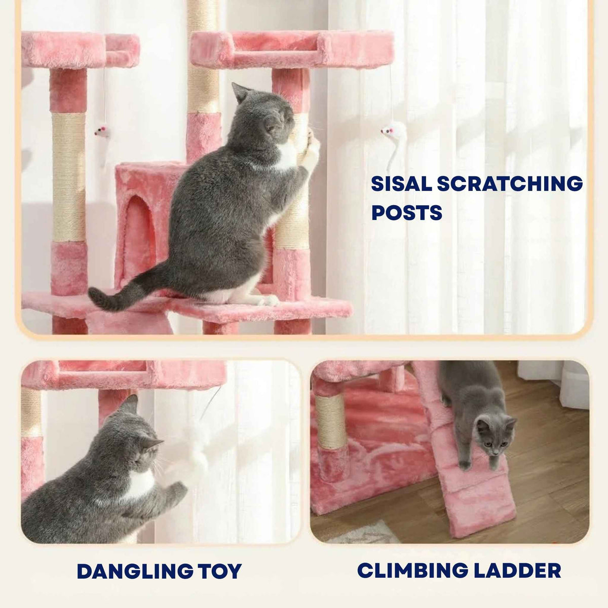 Pink cat tree features