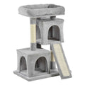 Plush grey fabric cat tree with sisal rope and two houses