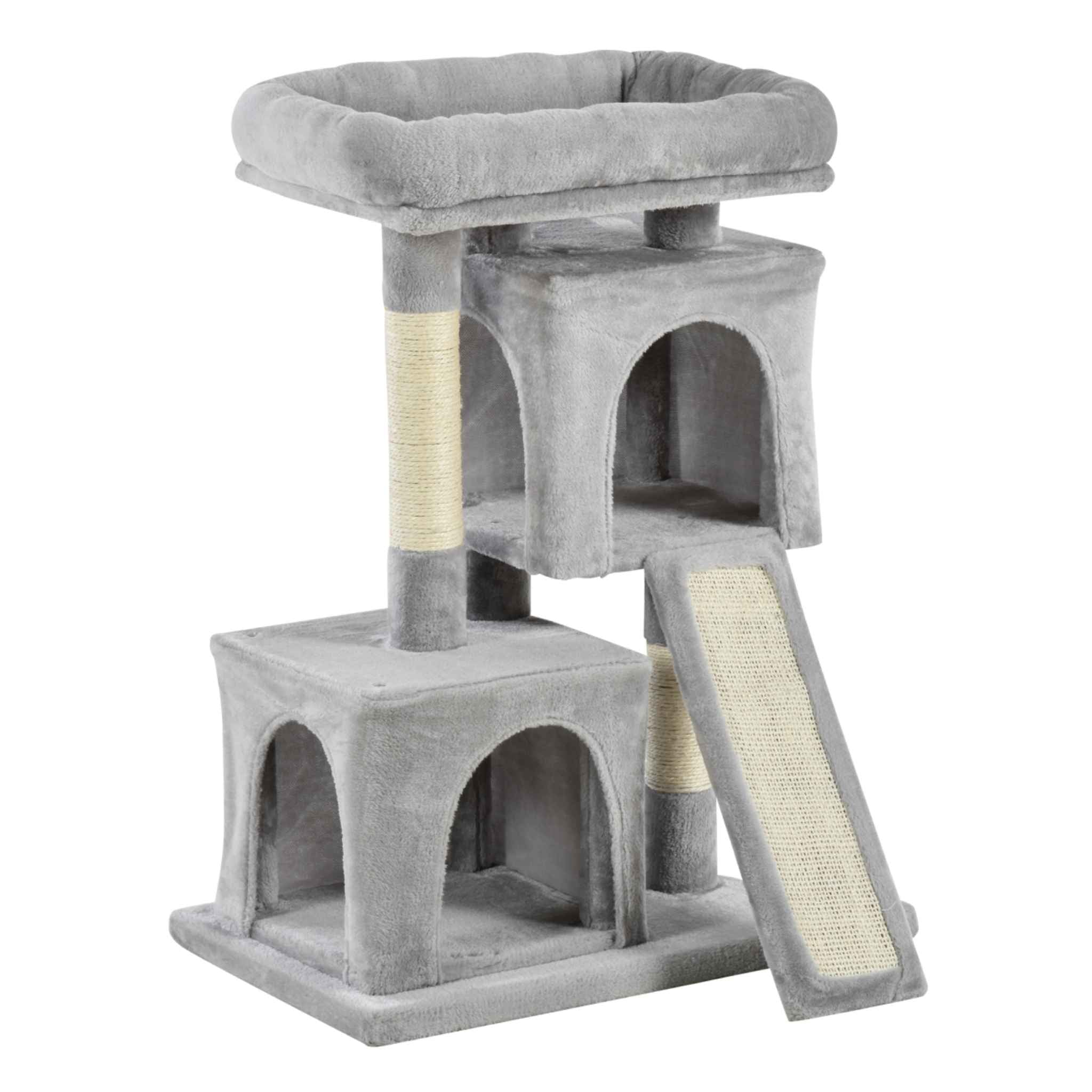 Plush grey fabric cat tree with sisal rope and two houses