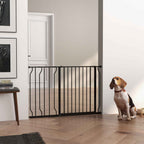 Pressure fit black dog gate in hallway