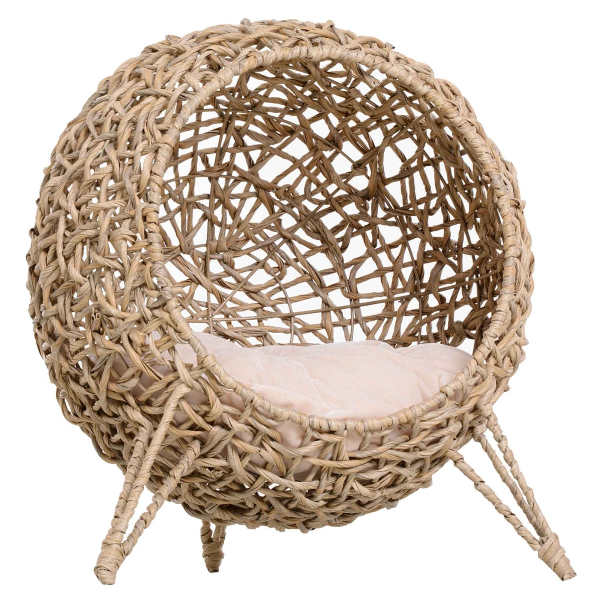 Raised beige wicker cat bed