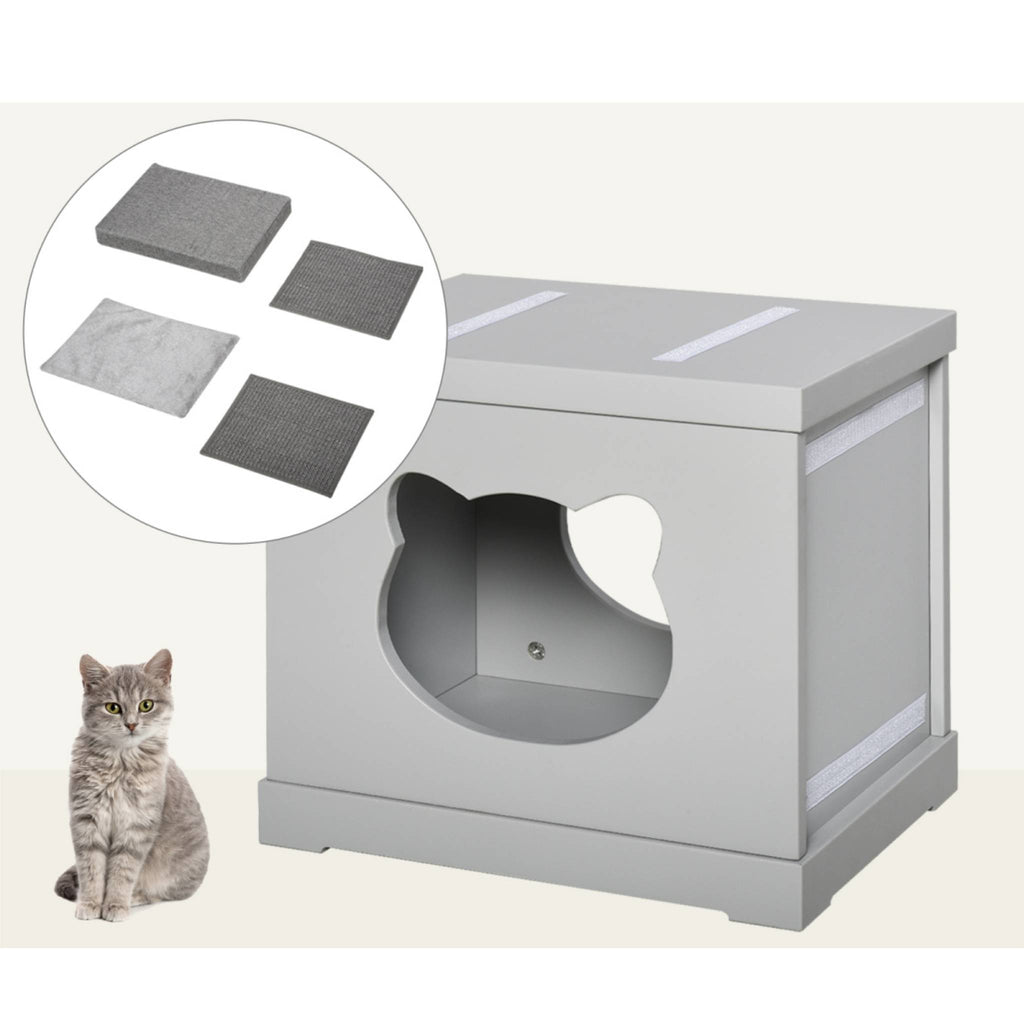 Removable cushions on grey wooden cat cave